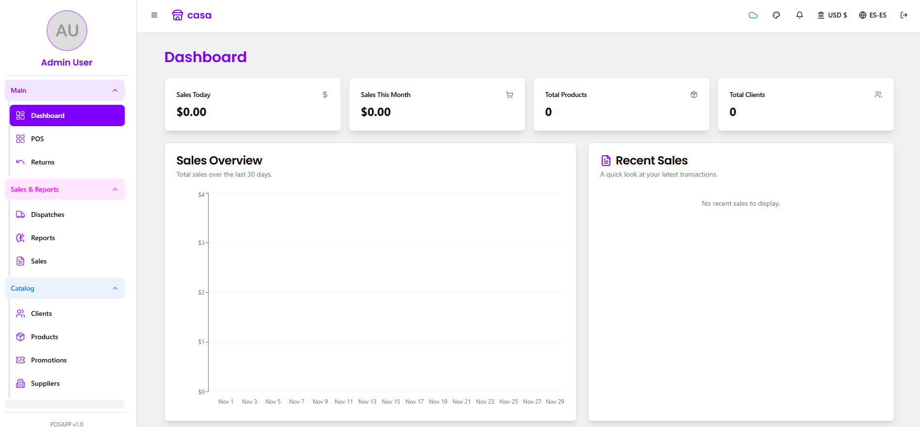 Un panel de control del sistema POS que muestra ventas, productos y clientes.