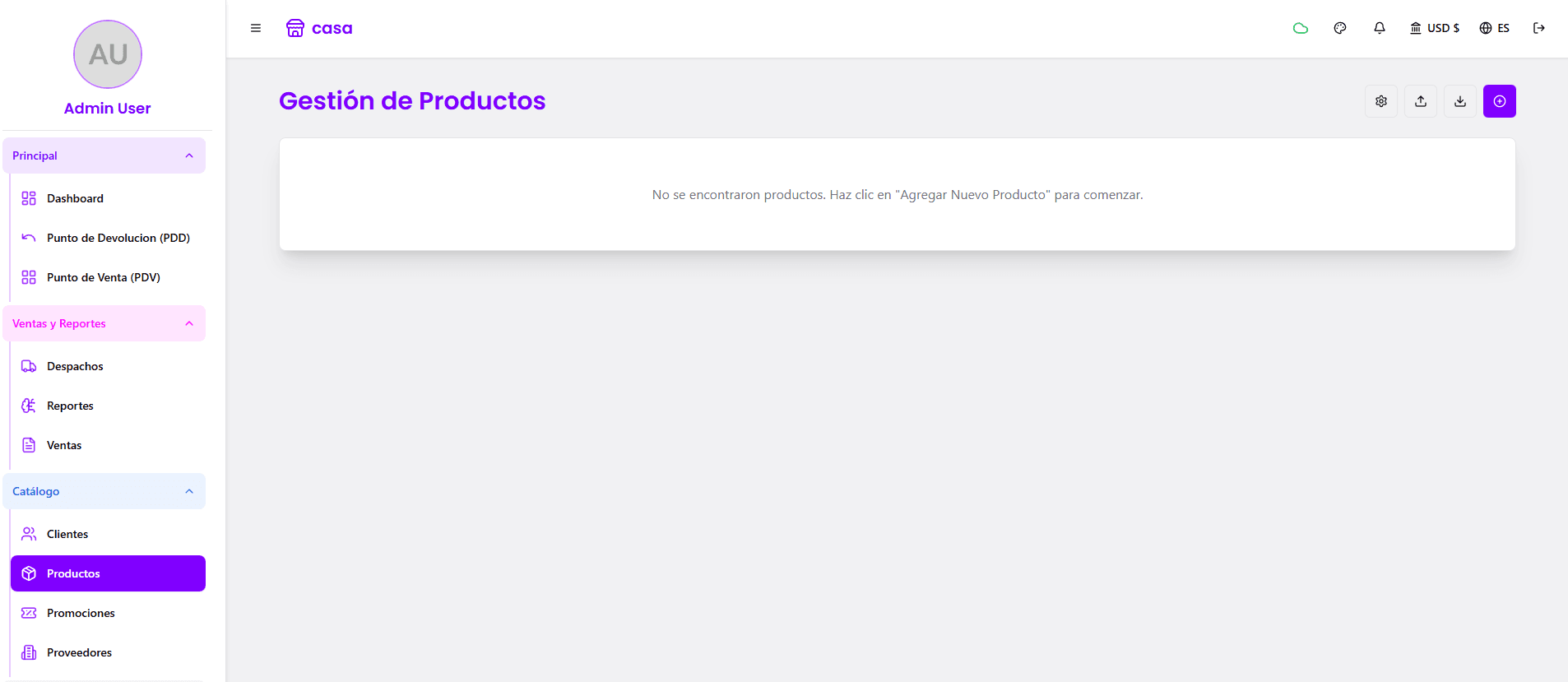 Vista de la gestión de productos en Posify